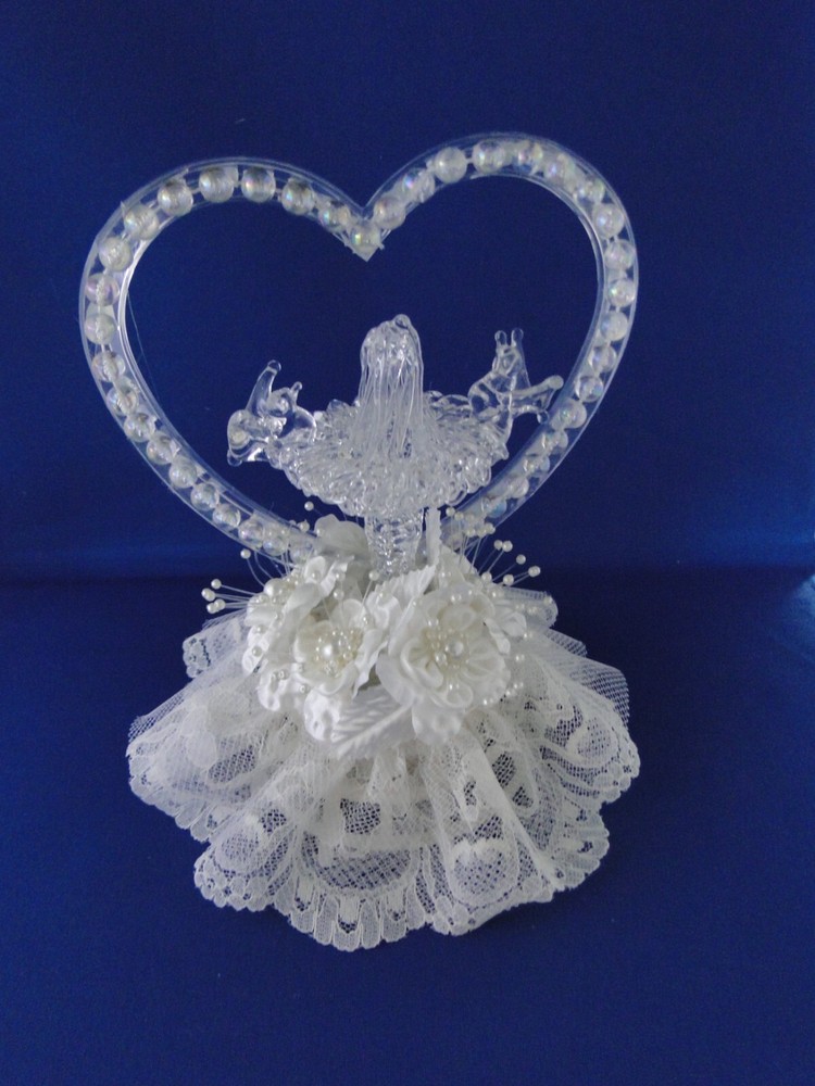 New Elegant Wedding Blown Glass with Heart, birdbath and birds Caketop #46