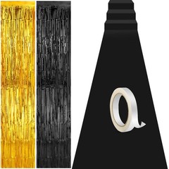 2.6×30 Feet Black Carpet Runner Aisle with Tinsel Tassel Curtains Set