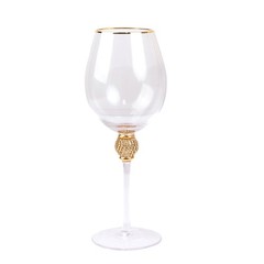 6 CLEAR Wine Goblet Glasses 16oz Gold Rimmed Design with Rhinestone Studded