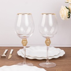 6 CLEAR Wine Goblet Glasses 16oz Gold Rimmed Design with Rhinestone Studded