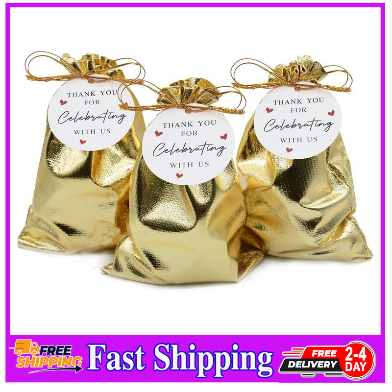 100 Pack Gold Organza Drawstring Bags 5×7 Jewelry Gift Pouches with Tags