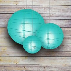 8/12/16″ Water Blue Round Paper Lanterns, Irregular Ribbing (3-Pack Cluster)