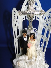 New Vintage Dark skin Bride & Groom chapel arch/cross Wedding Cake Top, # 298