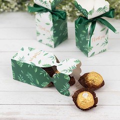 25 WHITE GREEN Leaves Print Gift Favor Boxes with Satin Ribbon Party Events