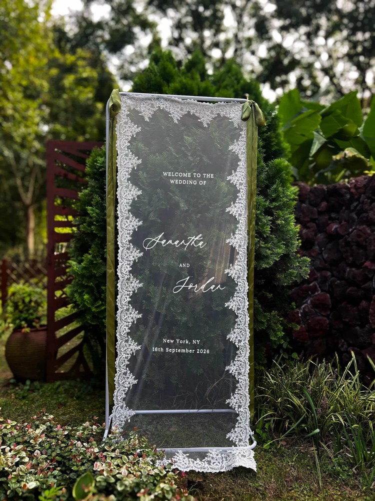 Romantic Lace Wedding Welcome Sign, Sheer Tulle Reception Banner Decor