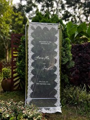 Romantic Lace Wedding Welcome Sign, Sheer Tulle Reception Banner Decor