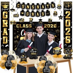 Graduation Decorations 2026 Set Black Gold, 60 inches x 40 inches, Gold