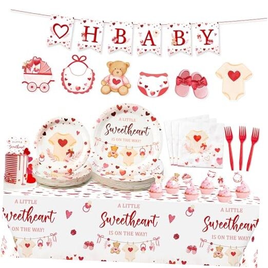 Party Decoration Set – Serves 24 – 112Pcs A Little Valentine’s Day Baby Shower