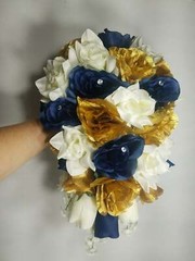 Navy Blue White Gold Rose Bridal Wedding Bouquet Accessories