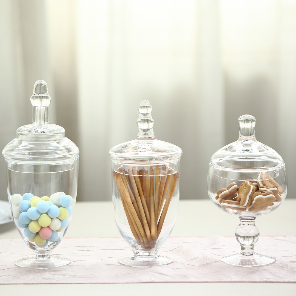 3 pcs 9″ 10″ 11″ tall Clear Glass Apothecary Jars Lids Wedding Supplies