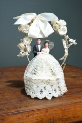 Vintage Bride Groom Wedding Topper Sugar Sculpture Art Deco Stand Antique Lace