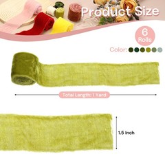 6 Roll Velvet Ribbon, 1.5 Inch x 1 Yard Silk Frayed Ribbon, Green Style