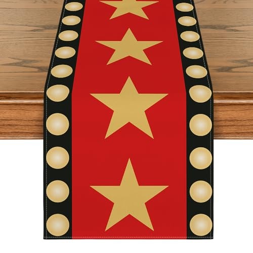 Red Movie Theme with Gold Star Design Movie Night Table Runner, Red Carpet