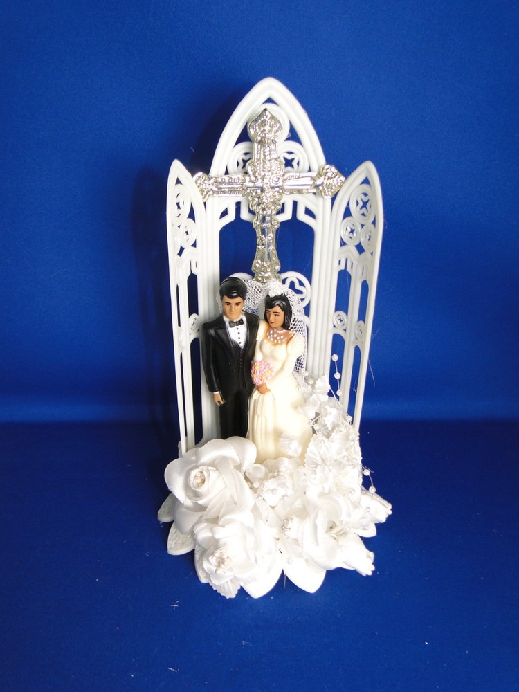 New Vintage Dark skin Bride & Groom chapel arch/cross Wedding Cake Top, # 298