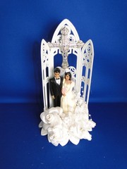 New Vintage Dark skin Bride & Groom chapel arch/cross Wedding Cake Top, # 298
