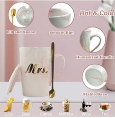 Marbled Ceramic Couple Mugs Set Pink Gray Wedding Gift with Spoons
