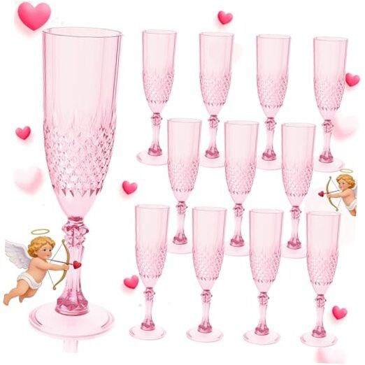 Plastic Champagne Flutes, Champagne Glasses Bulk, Reusable Unbreakable 12 Pink