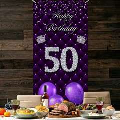 Happy 50th Birthday Purple Banner Backdrop Photo Booth Props Balloons Silver …