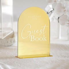 Gold Acrylic Wedding Guest Book Sign W/ Base Rustic Table Decor 5×7 inches New