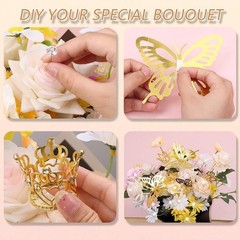 Flower Bouquet Accessories Set: 5 Mini Crowns, 36 Butterflies & 100 Pins (Gold)