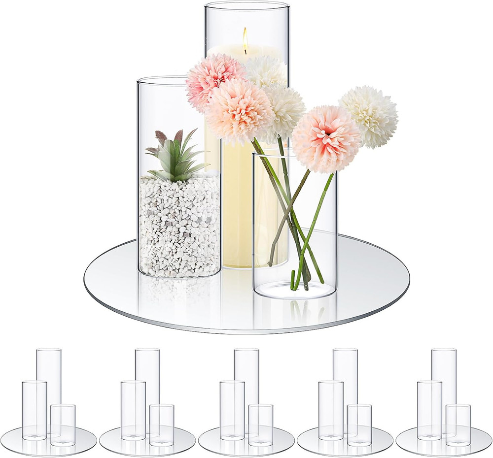 Elegant Round Glass Mirror Trays & Vases Set for Wedding & Party Centerpieces