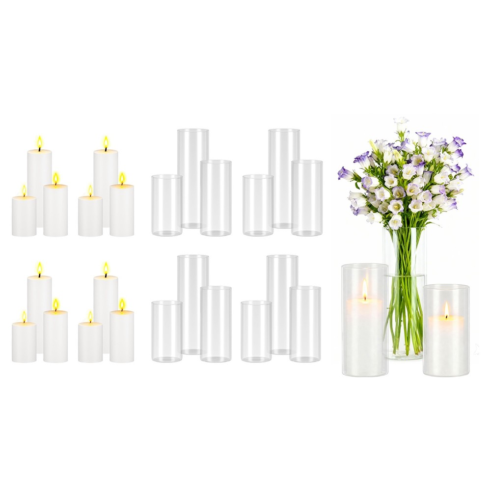 VEVOR 24 Pcs Pillar Candles with Glass Cylinder Vases Set 2.6″x4.7″/5.9″/7.9″