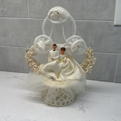 Vintage MCM Wedding Cake Topper with Bride & Groom, Flowers, Lace Ivory