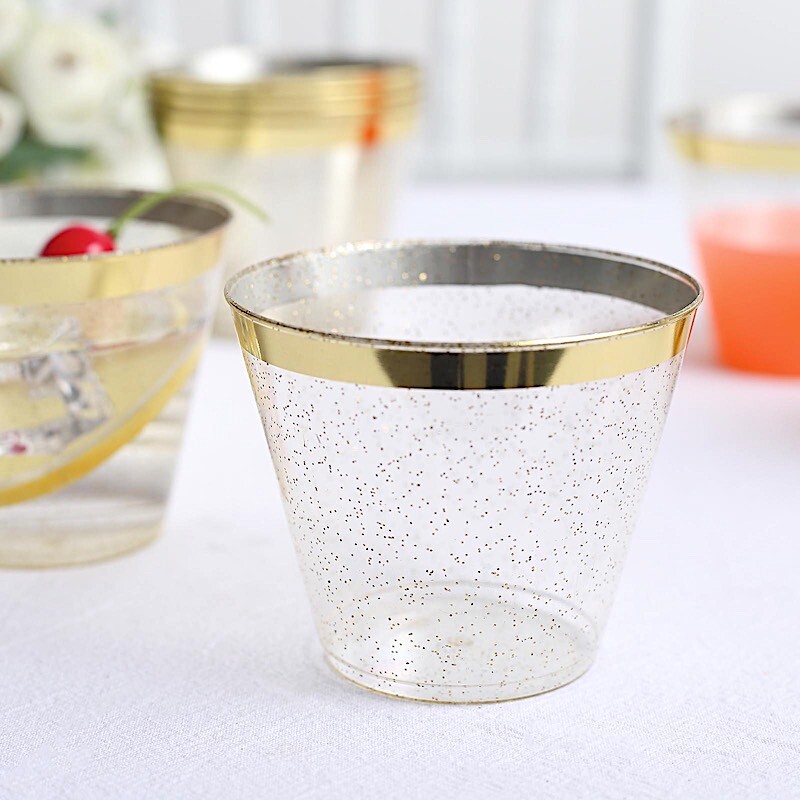 25 CLEAR 9 oz Glittered PLASTIC CUPS Gold Rim Party Events Decorations Supples