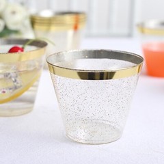 25 CLEAR 9 oz Glittered PLASTIC CUPS Gold Rim Party Events Decorations Supples