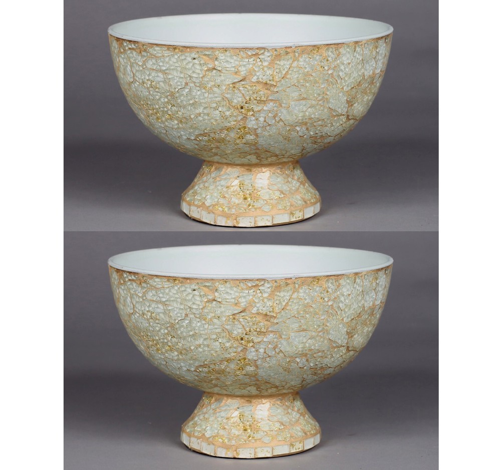 Compote Bowl Vase Ivory Mosaic Round Centerpiece 8″D 5.5″Hi Set/2 FREE SHIPPING