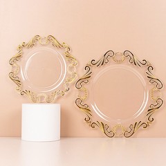 10 Round 8″ CLEAR GOLD Baroque Plastic Salad Dinner PLATES Party Decorations