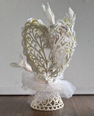 Vintage White Doves Heart Tulle Flowers Wedding Rings Cake Topper 11”