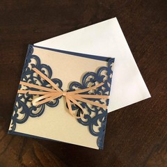 Dark Blue, Navy Laser Cut Flowers Gold Silk Tie Square Wedding Invitation Cards