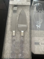 4 Pcs Wedding Cake Knife and Champagne Flutes Server Set For Bride