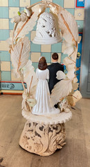 Vtg 1950s Bride Groom Wedding Cake Topper w Signed Bell, Sugar & Composition