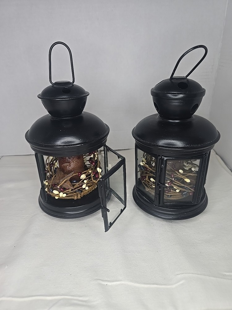 Set of 2 Black American Candle Lanterns Aluminum Metal And Glass With Candles