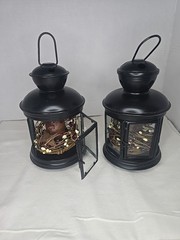 Set of 2 Black American Candle Lanterns Aluminum Metal And Glass With Candles