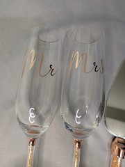 Mr Mrs Wedding Champagne Flutes Cake Knife Server Set Rose Gold Glitter