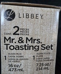 Libbey Mr & Mrs Toasting Set of 2 Glass Mug 16oz Flute 7.25oz w Box Wedding Gift