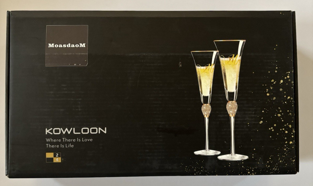 KOWLOON Mr & Mrs Crystal Wedding Toasting Flutes Rhinestones Gold Rim