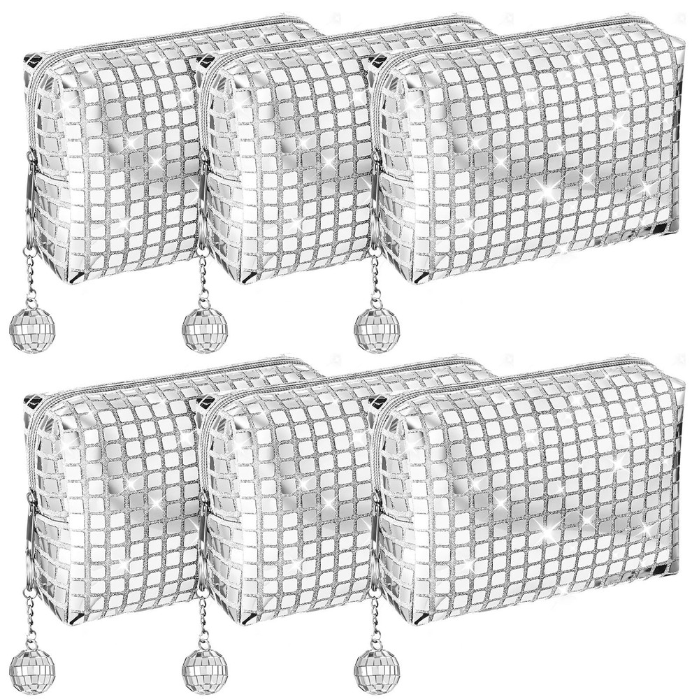 6 Pack Large Capacity Disco Cosmetic Bags Portable Silver Glitter Sequin Make…