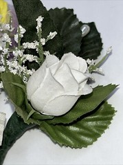 Bridal Wedding Floral Bouquet corsage and boutonniere, white roses, purple