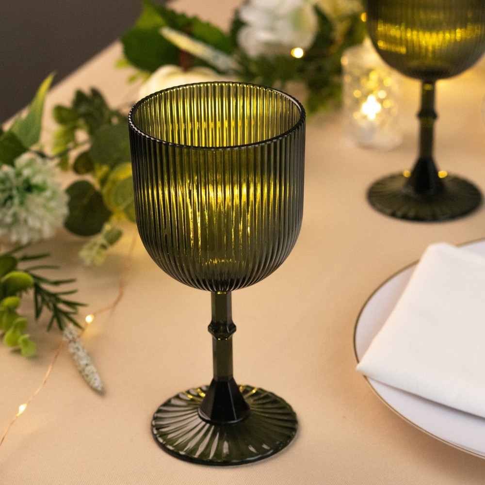 12 HUNTER GREEN Plastic Wine Glasses Vintage Ribbed Pattern Events Decorations