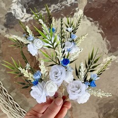 Lot Of 6 Light Blue/White Mini Boutonnieres For Men/Grooms Artificial Flowers