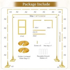 8FT Square Backdrop Stand Heavy Duty, Gold Metal with Triangle Base. Metal