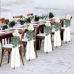 48 Sets White Chiffon Chair Sashes with Ribbon Bows & Eucalyptus for Wedding Ais