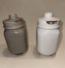 Set of 2 Ceramic Mason Jar Style Kitchen Gray White Farmhouse Decor