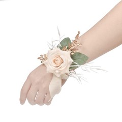 Champagne Rose Wrist Corsage Wristlet Band Bracelet and Men Boutonniere Set f…