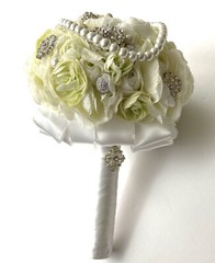 Handmade Wedding Bouquet White Light Green Pearl Artificial Flower Bling Bridal