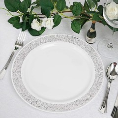 WHITE Silver Rim 10″ Plastic PLATES Disposable Elegant Wedding Birthday Party
